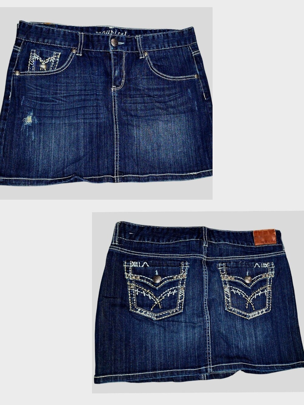 Maurices Vintage Y2K Dark Wash Denim Mini Skirt Embellished Pockets Size 11/12